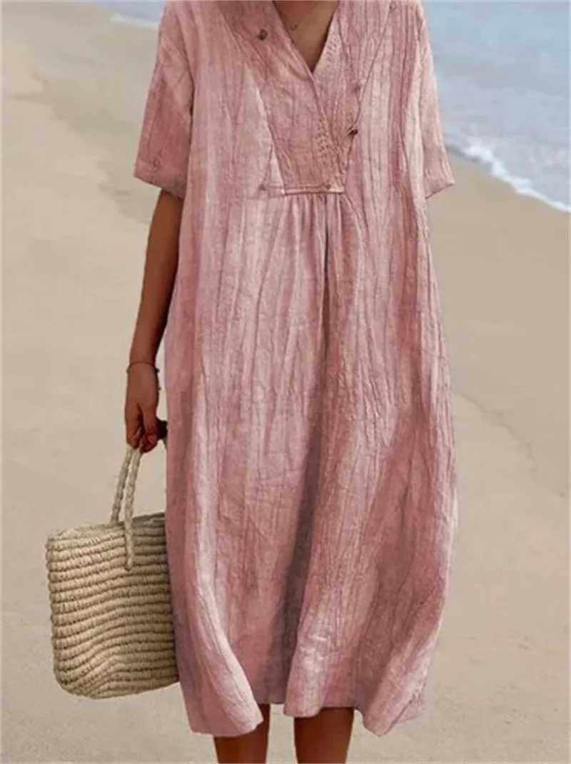 Robes décontractées de base coréen confortable Femme en lin en coton décontracté Robe d'été Nouveau coup de cou de cou courte robe slve femelle Style de plage robe lâche y240429