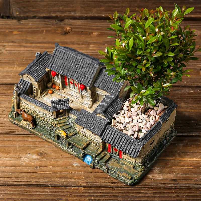 Planters Pots Chinese style retro miniature landscape old house flower pot creative niche indoor decoration bamboo bonsai Q240429