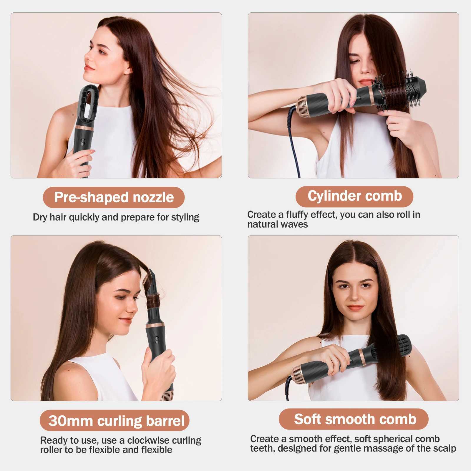 Hair Dryers 6-in-1 hair dryer hot comb set professional curling iron straightener styling tool curler and heating brush Q240429