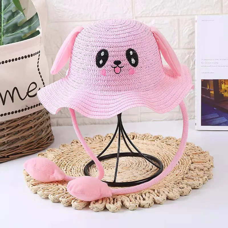 Summer Kids Baby Bunny Hat with Moving Ears Rabbit Hat Jumping Ear Funny Cute Bucket Cap Wide Brim Wave Sun Hat Boy Girls