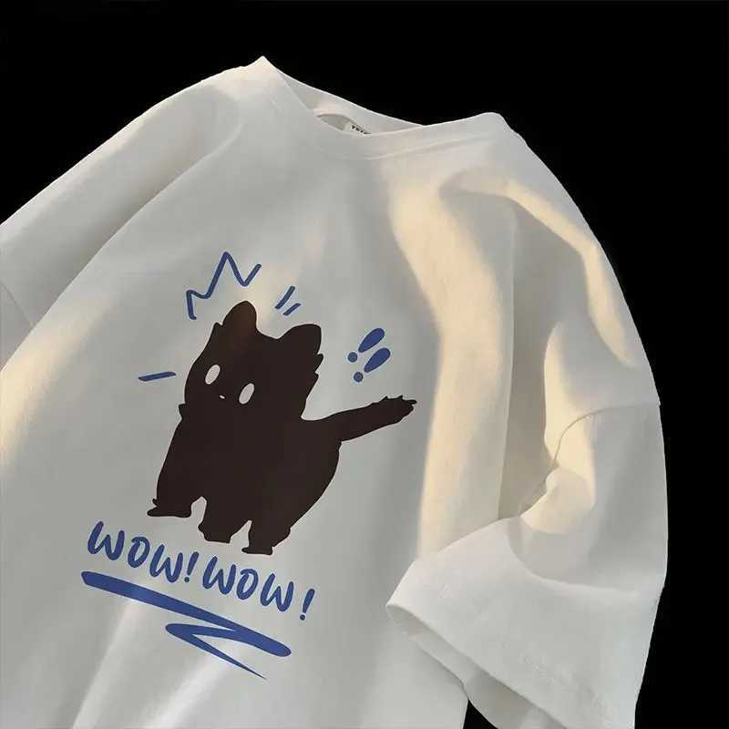 T-shirty 2024 Summer Leisure Retro Cat Print Krótkie rękawie American Street Mens i damskie luźne projektowanie