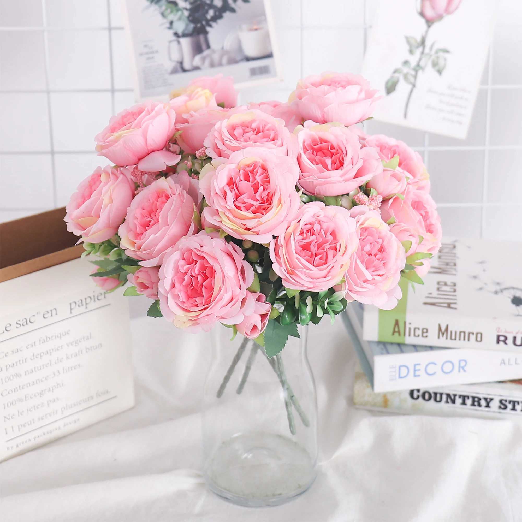 Gedroogde bloemen kunstmatige zijden bloemen roze pioenroos klein witte bruid boeket voor vaas huis feest trouwkamer nep planten decoratie goedkope rekwisieten