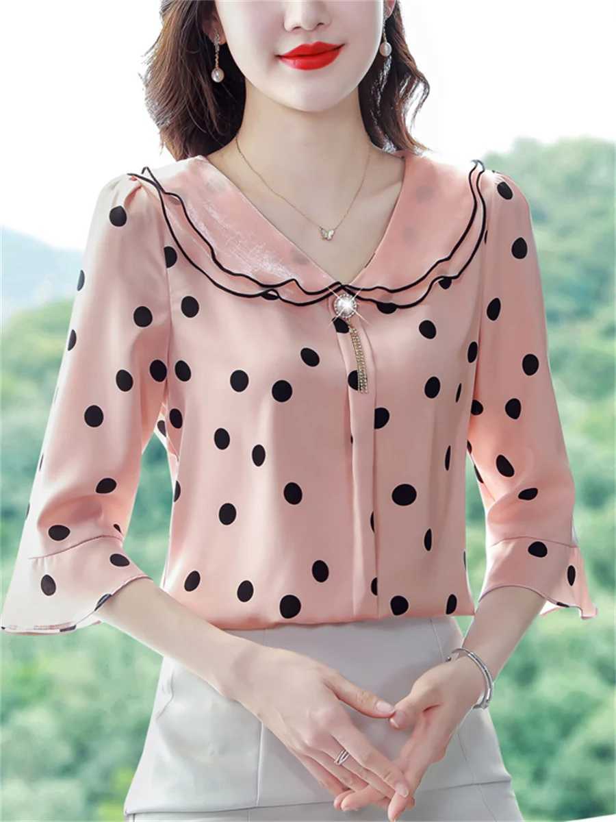 Women's Blouses Shirts Women Spring Summer Blouses Shirts Lady Fashion Casual Half Slve Ruffles Collar Polka Dots Blusas Tops CT0216 Y240426