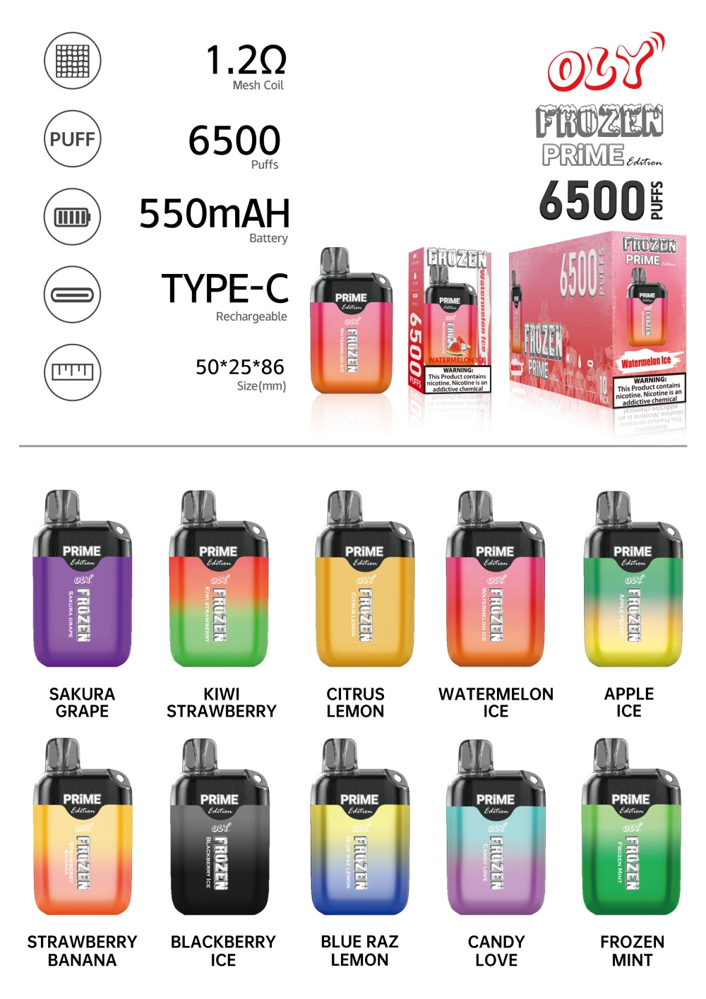 100% authentique OLY FROZEN 6500 Puffs Dispost Vape Vape 10 saveurs Vape Bar Mesh Coil 500mAh Type-C 14ML CARTRIDGES PRÉFILLÉES POD 0% 2% 5% E Cigarette VS Bang 8500 12K 15K 18K