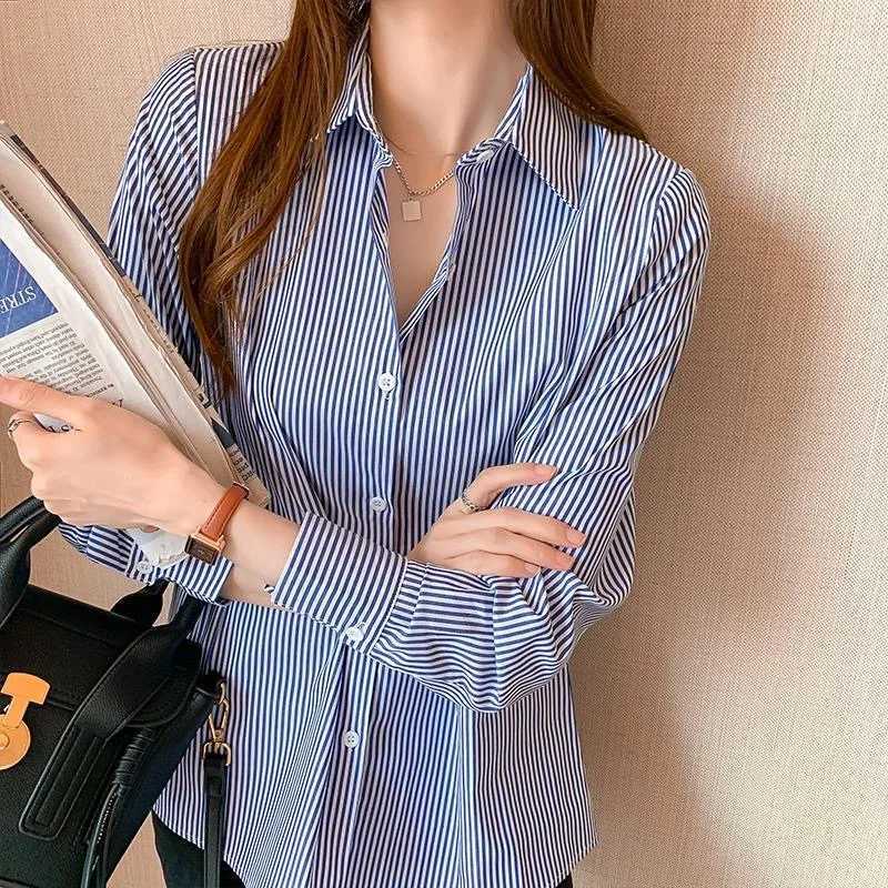 Women's Blouses Shirts Women Spring Summer Blouses Shirts Lady Fashion Casual Long Slve Turn-down Blue Stripes Blusas Tops WY0304 Y240426