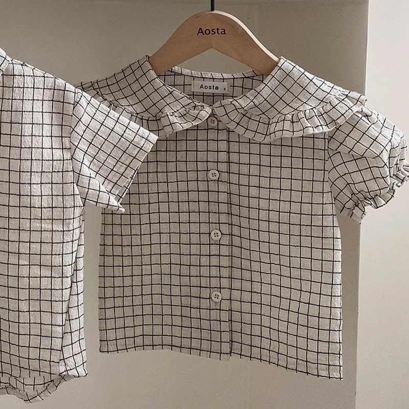 Kids Shirts 2024 Summer Baby Clothes Lace Collar Slid Shirt Plaid Cotton Tops for Sisters and Brothers H240509