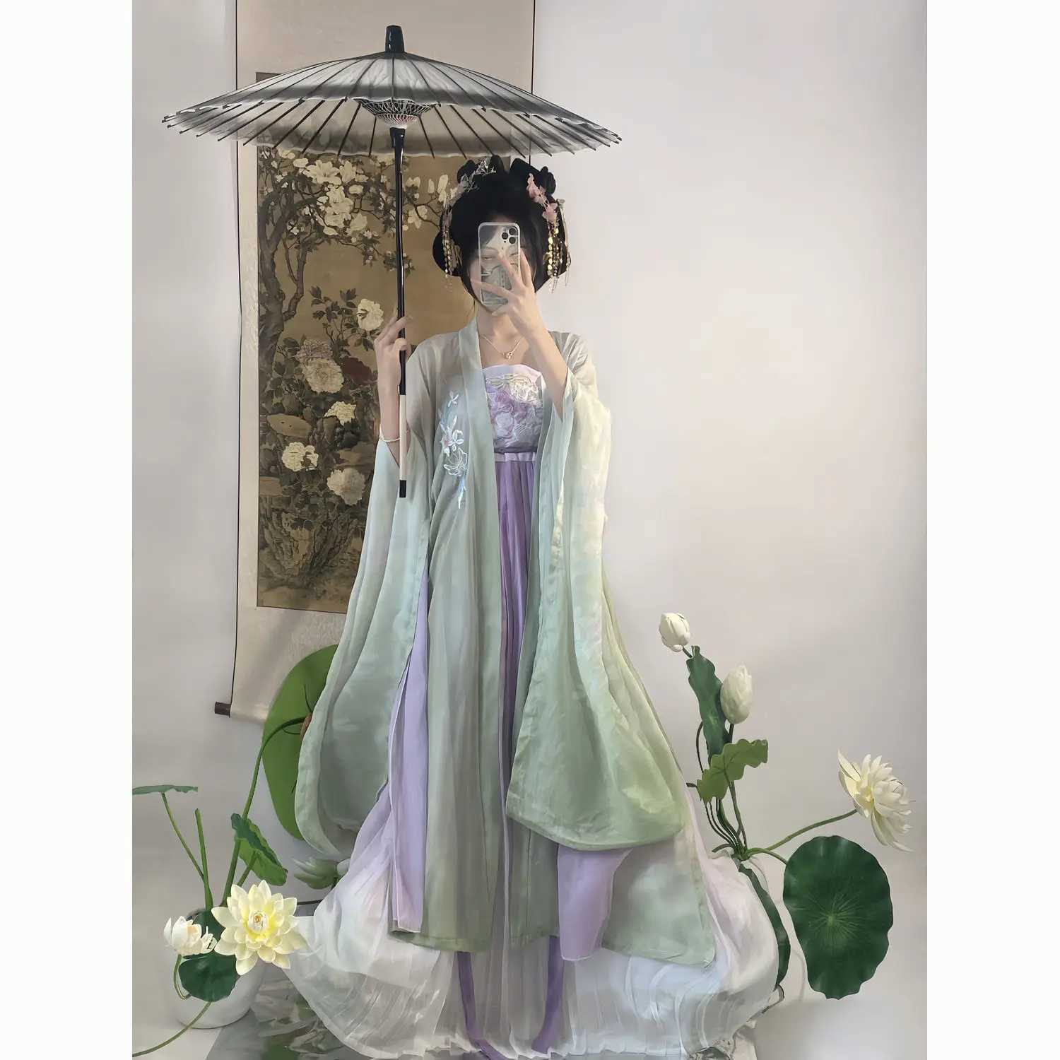 Ethnic Clothing Hanfu embroidery pleated skirt green long gown big sleeve mesh heavy female summer 2024 new Chinese traditional style