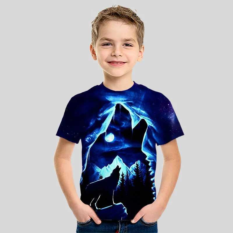 Футболки 2023 Летняя детская одежда 3D волчья и автомобильная печатная футболка для мультяшной футболка для мальчиков для животных футболка для мальчиков девочки