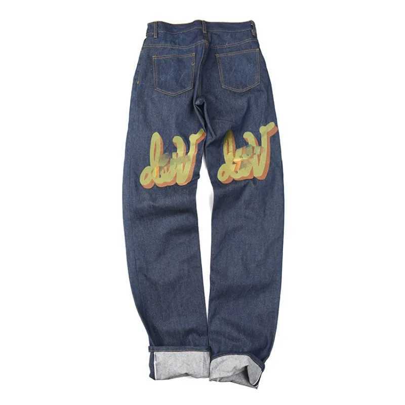 Kvinnors jeans kreativa brev jeans amerikansk retro nödställda tvättade nationella trendpar med hög midja lösa raka breda benbyxor H240429