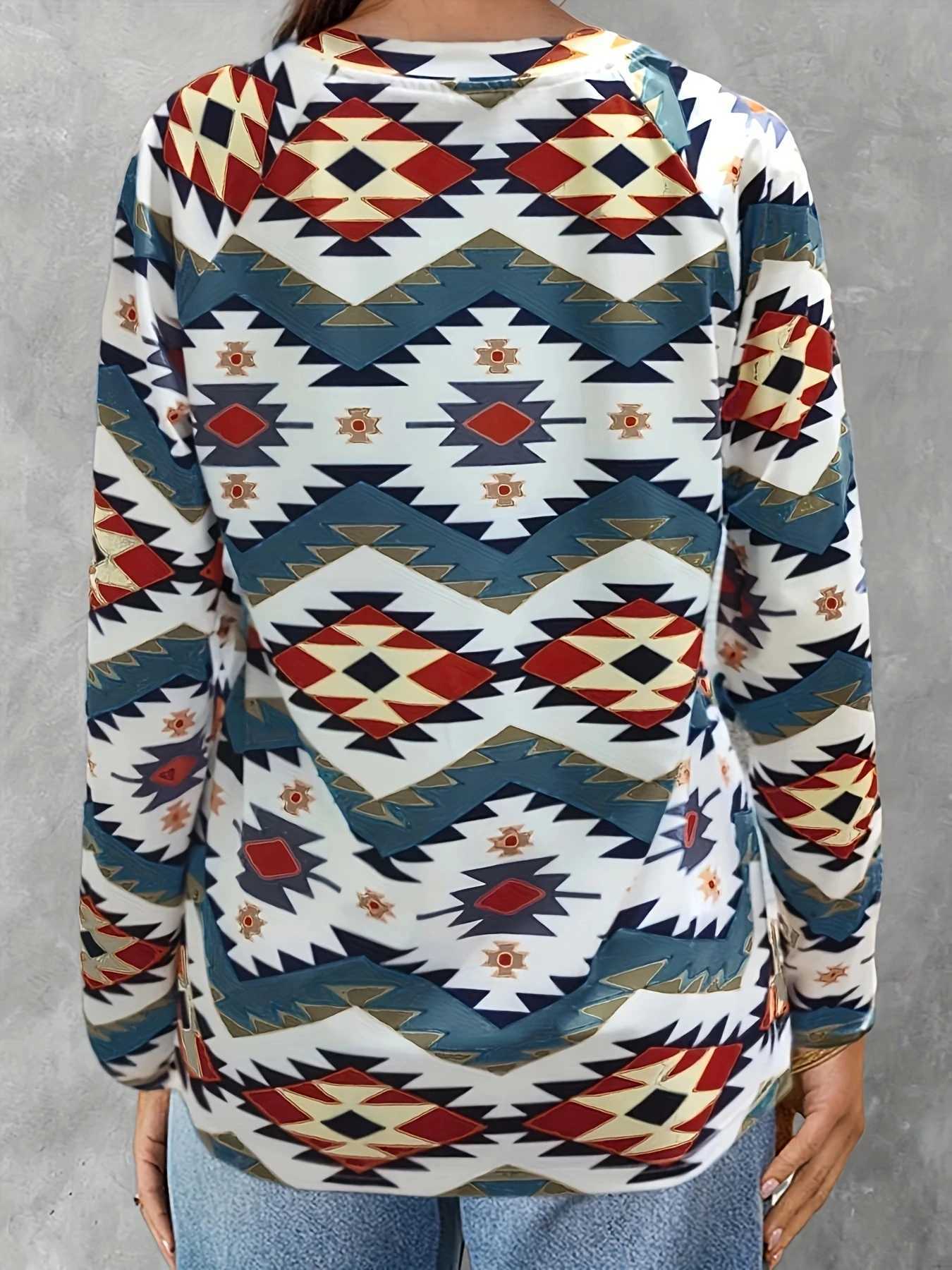 Camicette da donna camicie da donna magliette stampicate geometriche geometriche casual v al collo completo camicie slve lunghe tops ladies camicia di base y240426
