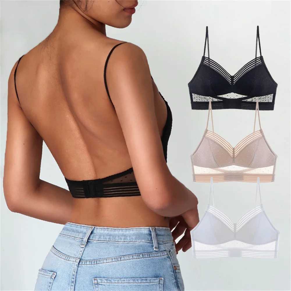 Bras New Sexy Low Back Bralette Ladies U-Backless Invisible en dentelle invisible Bra Polka Dot Mesh Ultra Minume Femme Femmes Lingerie Tabride Bras Y240426