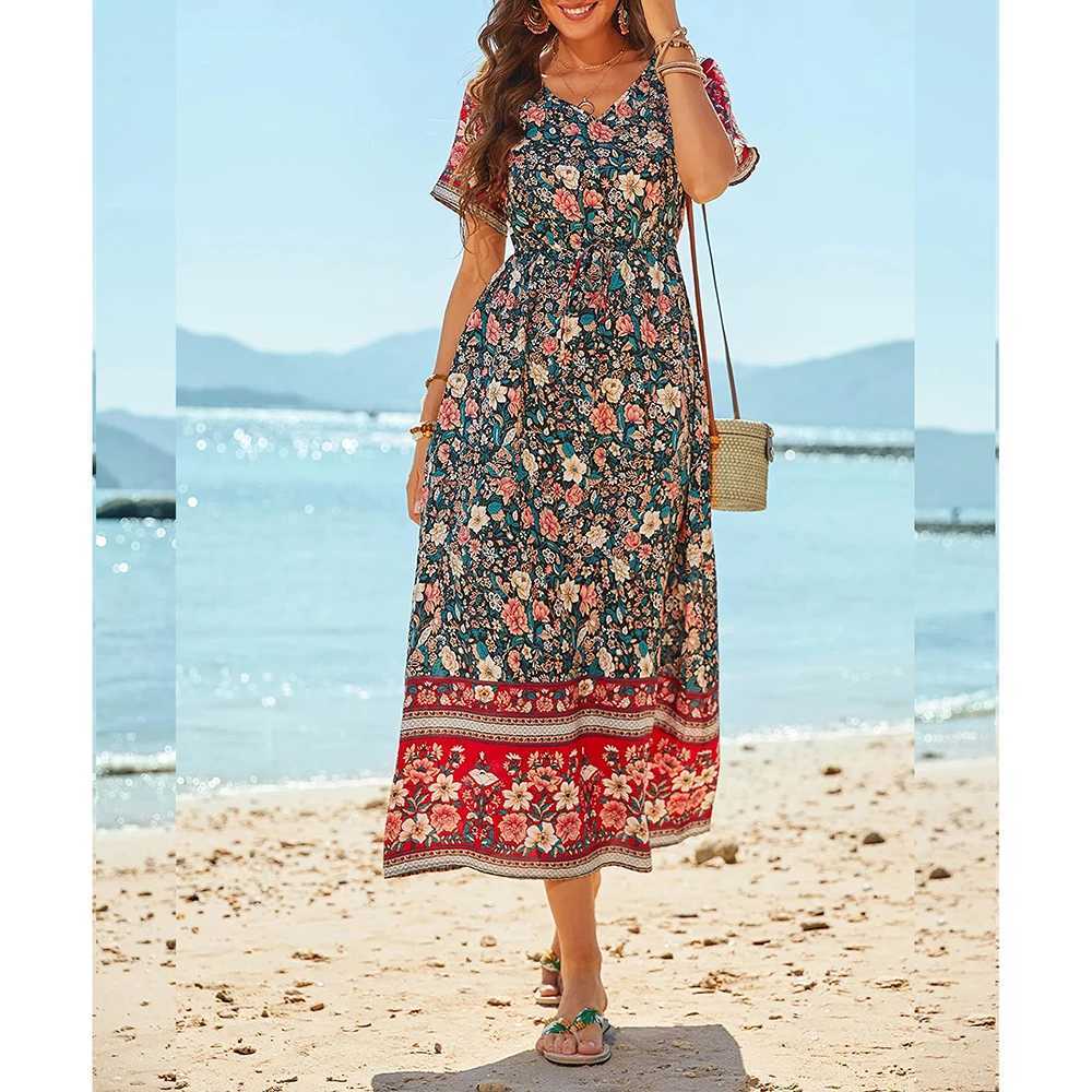 Vestidos casuais básicos vestido longo de tamanho para mulheres 2024 Vestidos boêmios de praia de verão roupas de grandes dimensões roupas femininas elegantes vestido casual saia floral y240429