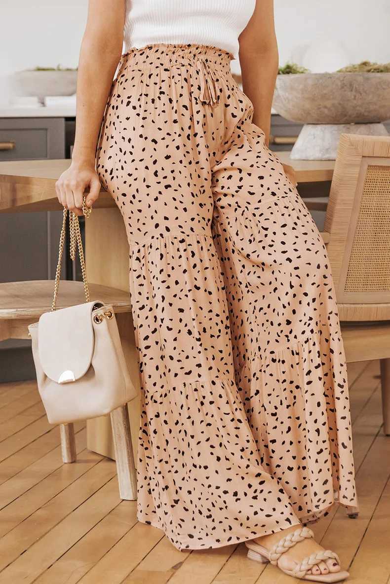 Spodnie damskie Capris Leopard Print szerokie nogi Eleganckie szczotkowane luźne spodnie w wysokim poziomie odpowiednim na wiosenne i letnie damskie odzież Y240429