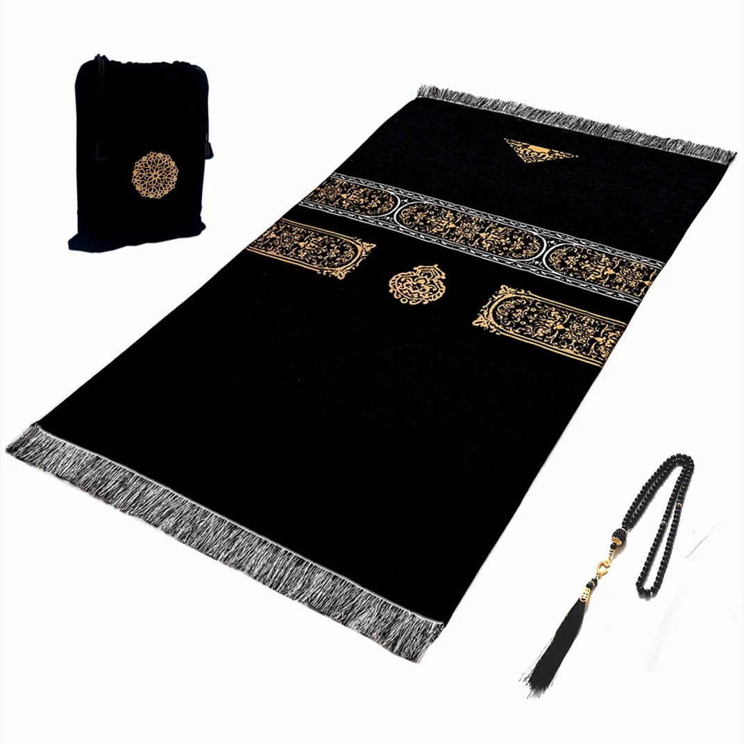 Tapete de oração muçulmano islâmico preto chenille ramadan lavável tape