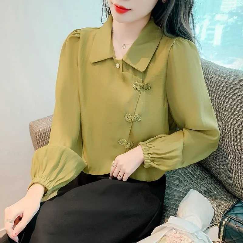 Women's Blouses Shirts vrouwen Spring herfststijl blouses shirts dame casual lange slve Chinese knoopknop vaste kleur korte blusa's tops zz1610 y240426