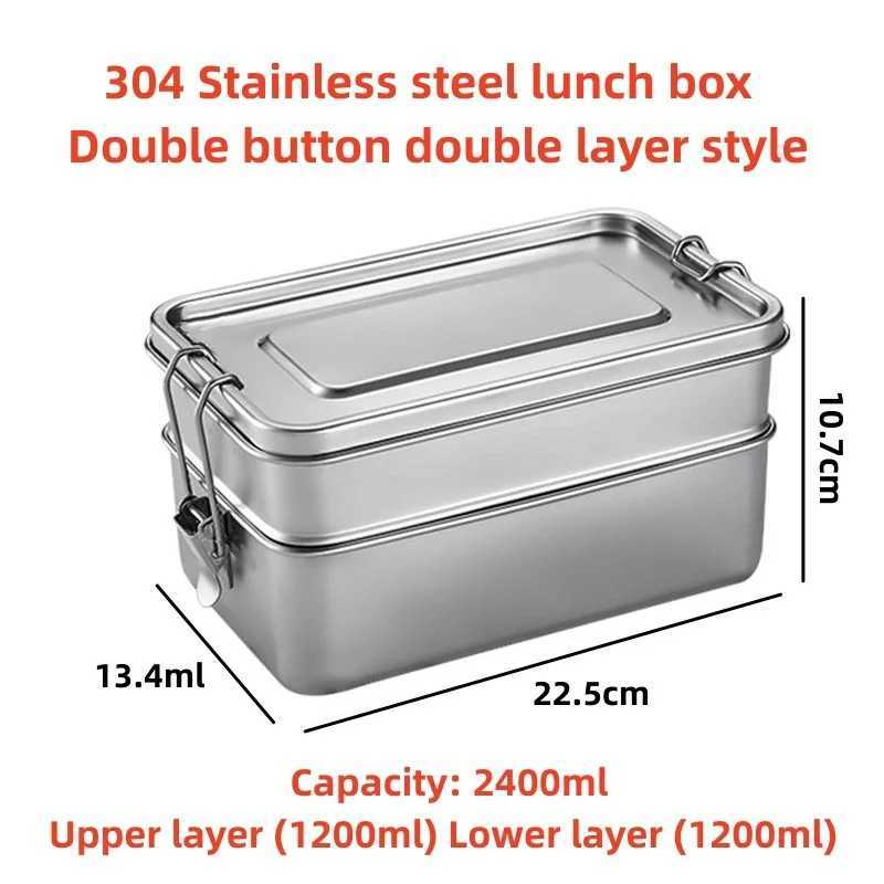 Bento Boîtes 2 couches 304 Boîte à lunch en acier inoxydable Bouton Double bouton scellé Bento Étudiant portable Snacks de rangement extérieur et pique-nique Q240427