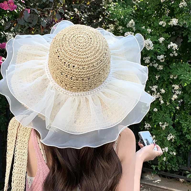 Cappelli larghi cappelli a secchio cappelli da donna coreano cappello perle perle estate grande brim brim hat hat adulto cappello da sole leisure cumina c J240429