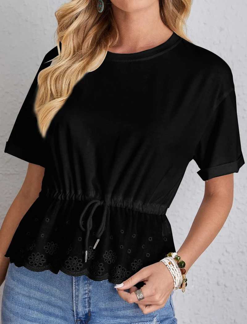 Blouses voor dames shirts zomerse mode o nek korte slev t shirts vrouwen basic o nek korte slev tops dames zwarte kleur gebreide top y240426