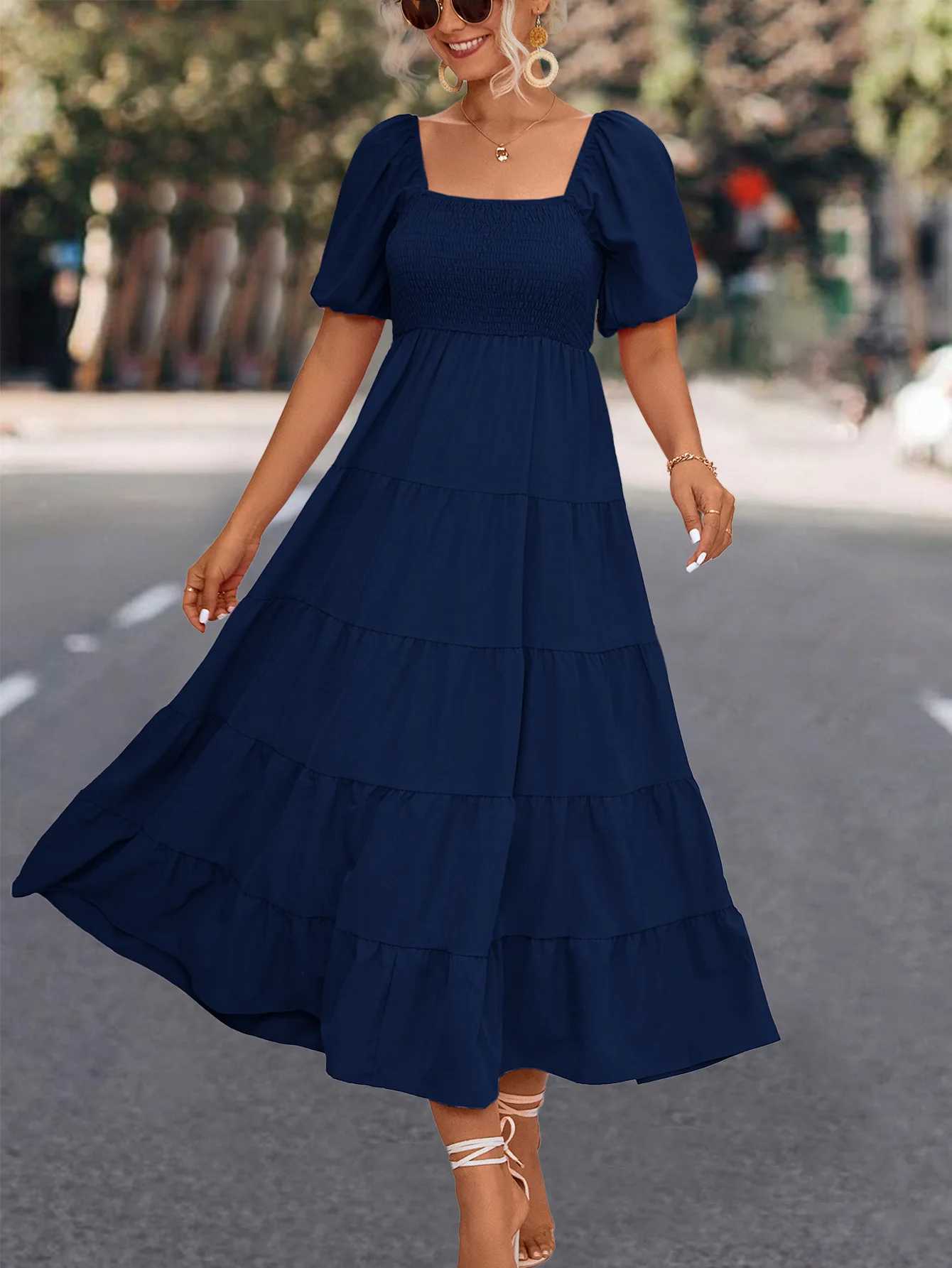 Basic Casual Dresses Women Solid Color Dress Square Neck Dress Puff Slve Fold Design Dress Casual Strt Elegant Dress Women Loose Cake Dress Y240429