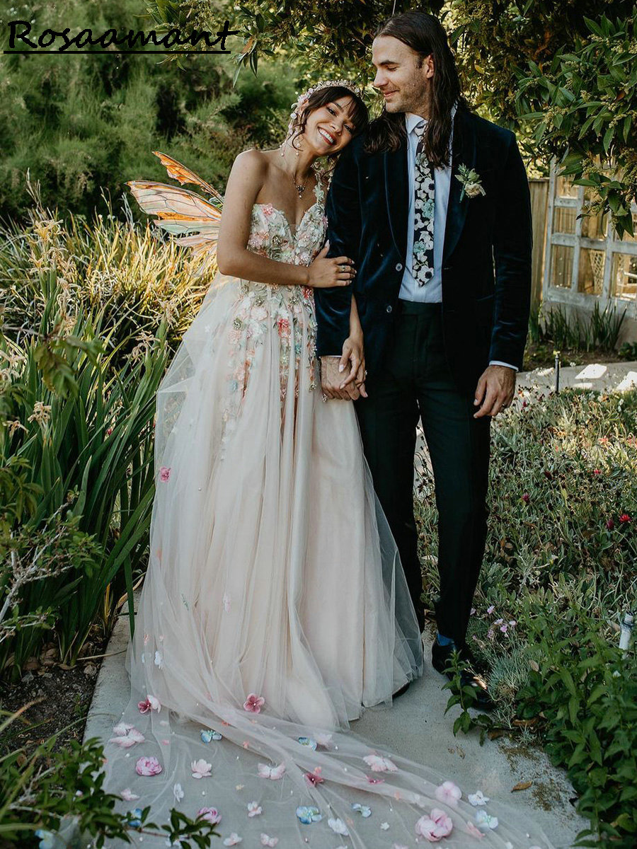 Luxe coloré de fleurs 3D Appliques en dentelle Robes de mariée en dentelle A-line avec bretelles spaghetti robes de mariée robe de mariee