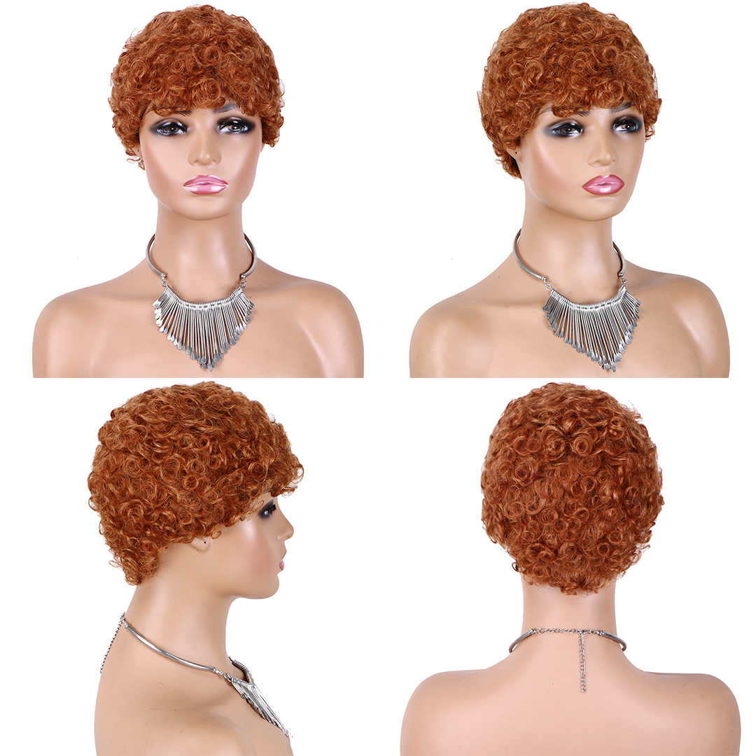 Kinky lockiga mänskliga hår peruker med lugg kort pixie klippt mänskligt hår för kvinnor full maskin gjord lockig peruk