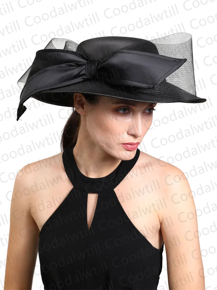 Frauen Chruch Satin Fedora Hut Frauen elegante Hochzeit Faszinator Bow Party Chapeau Femme Vintage Chapeu Marca de Luxo