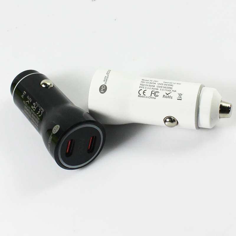 TE-P61高速車充電器デュアルPD 30W QC3.0アンチドロップシェル温度予防ポータブル60W出力USB Cカー充電器すべてのスマートフォン