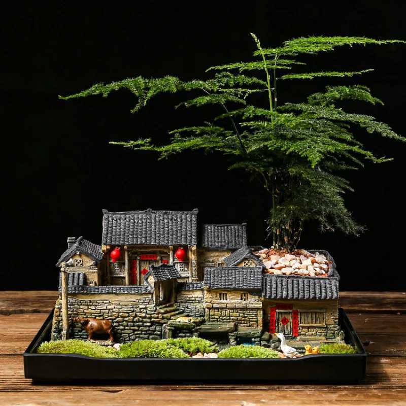 Planters Pots Chinese style retro miniature landscape old house flower pot creative niche indoor decoration bamboo bonsai Q240429