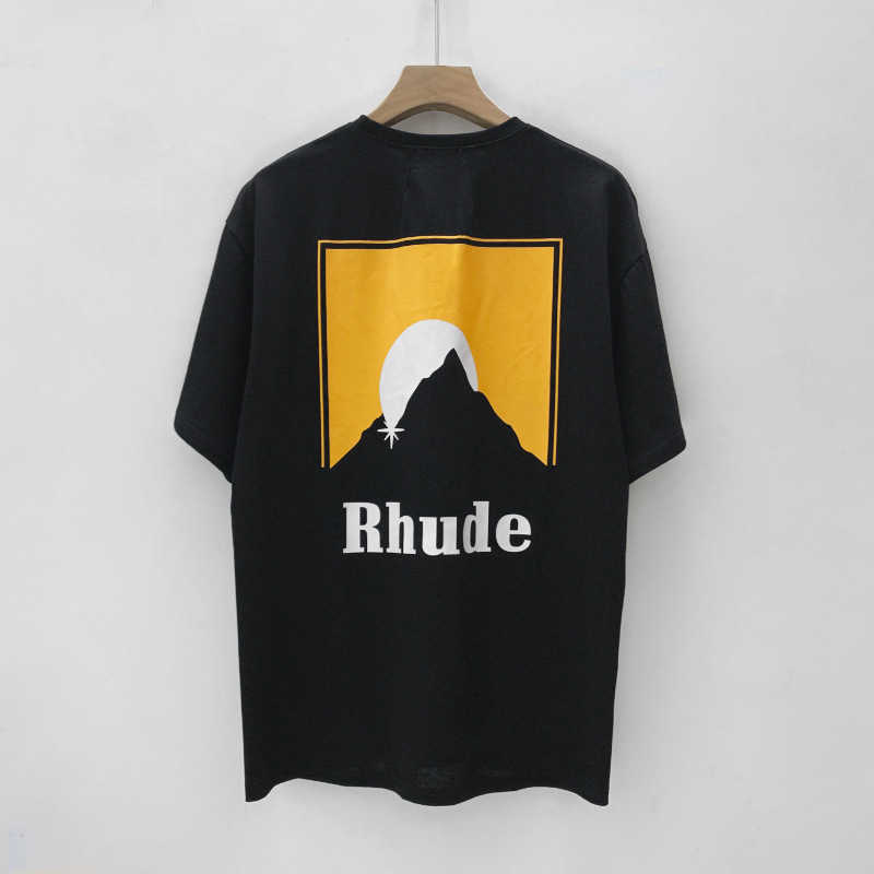 Hoogwaardige originele Rhuder Designer T Shirts Street Tide Snow Mountain Sunset Print Casual Round Round Neck Short Sleeve T-Shirt met 1: 1 Logo