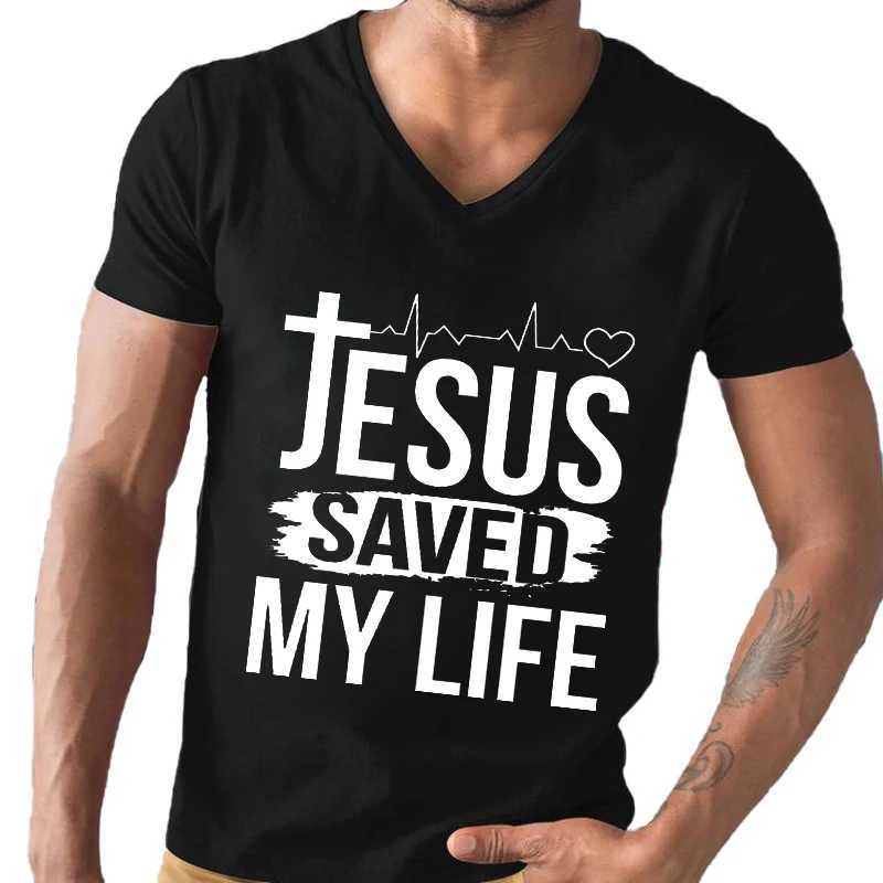 Herren T-Shirts Herren T-Shirt Kurzes Slve Ts Männer T-Shirt V-Ausschnitt Herren Tops Neue Marke Herren Jesus retteten mein Leben T-Shirt Camisetas de Hombre Y240429