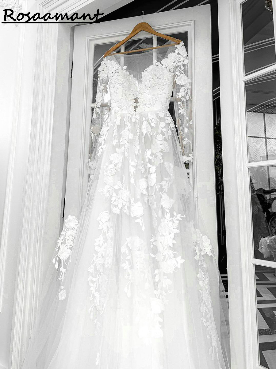 Vera immagine illusione manica lunga abiti da sposa a-line appliques floreali abiti da sposa in pizzo