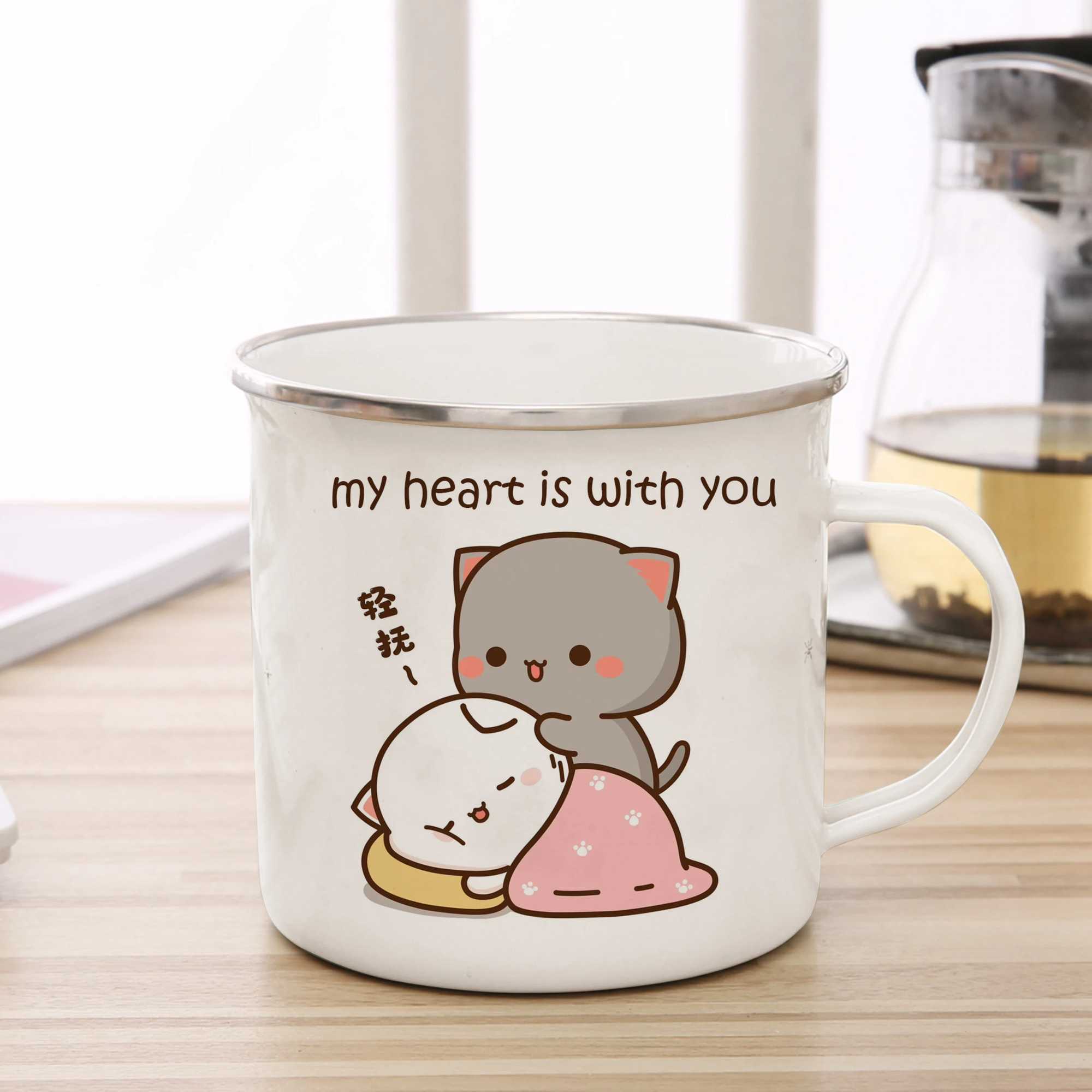 Tazas nuevas de durazno y goma gato copa de café taza de té de té lindo animal desayuno de animal copa de leche pareja regalo j240428