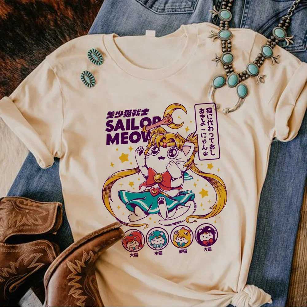 T-shirts 80s Moon Cat Tshirt Womens Anime Harajuku Comic T-shirt Womens Comic Graphics Japanese Clothingl2404