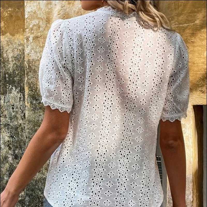 Women's Blouses Shirts Hollow Lace Shirts for Women Puff Slve Tops Vintage Elegant White Blouse V-neck Solid Shirt Summer Fashion 21385 Y240426