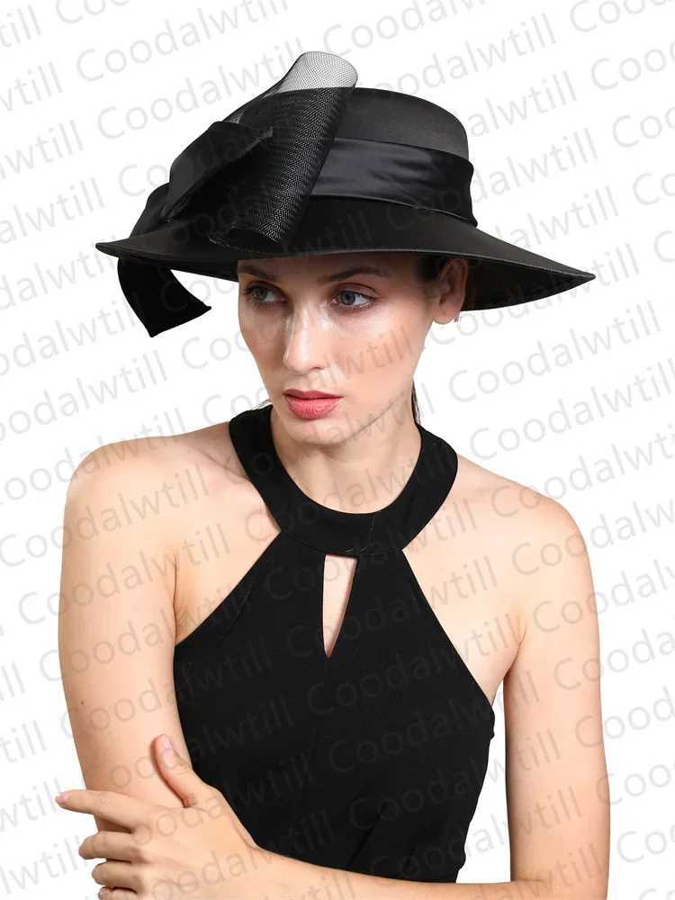 Szerokie brzeg kapelusze wiadra Czapki Czapki czarne fascynatory dla kobiet eleganckie kapelusz z czapką kościelną okazja Chapeau Cap Women Race Headpiece z zasłonami derby hat y240426