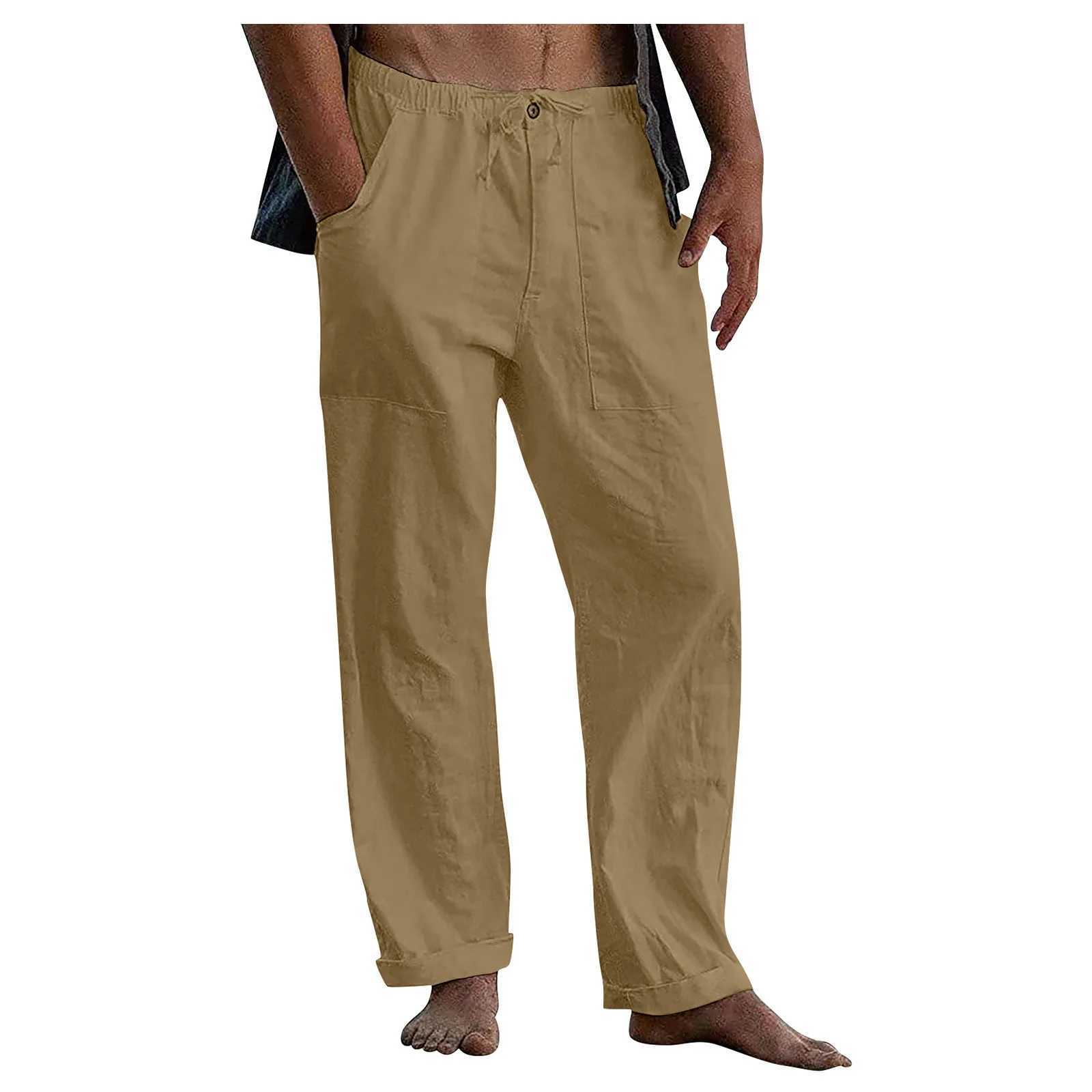 Pantalones para hombres hombres sueltos de lino de algodón de algodón pantalones de bolsillo con cordero Q2404291