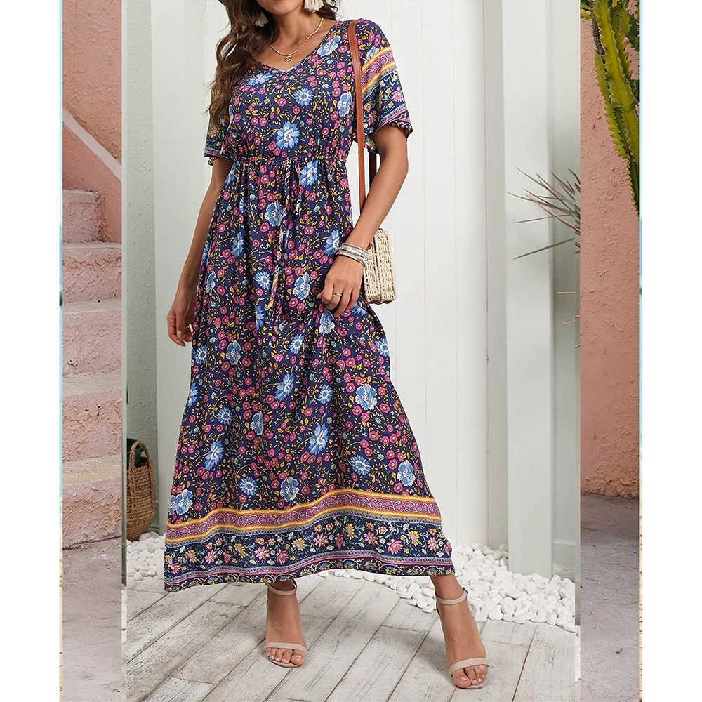 Vestidos casuais básicos vestido longo de tamanho para mulheres 2024 Vestidos boêmios de praia de verão roupas de grandes dimensões roupas femininas elegantes vestido casual saia floral y240429