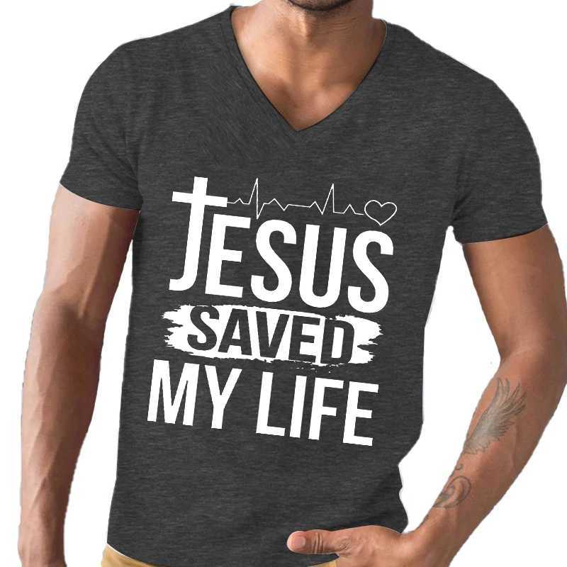 Herren T-Shirts Herren T-Shirt Kurzes Slve Ts Männer T-Shirt V-Ausschnitt Herren Tops Neue Marke Herren Jesus retteten mein Leben T-Shirt Camisetas de Hombre Y240429