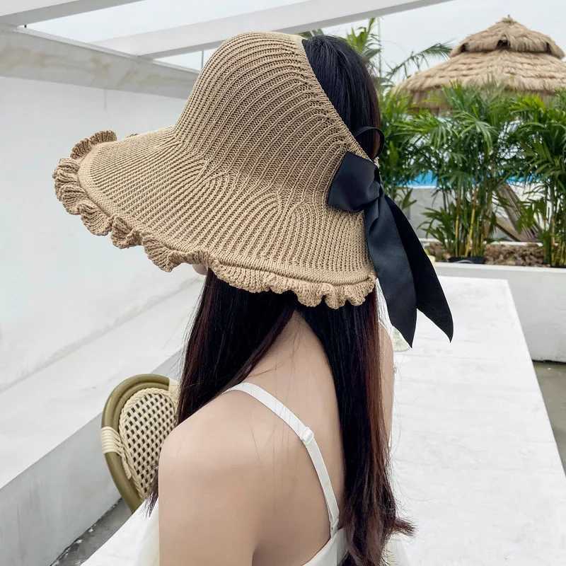 Chapéus de aba larga Chapéus de balde 2024 Novos mulheres Roll Up Umbrella Brim Str Str Summer Dobring embalagem UV Proteção c Capéu de viagem de praia J240429