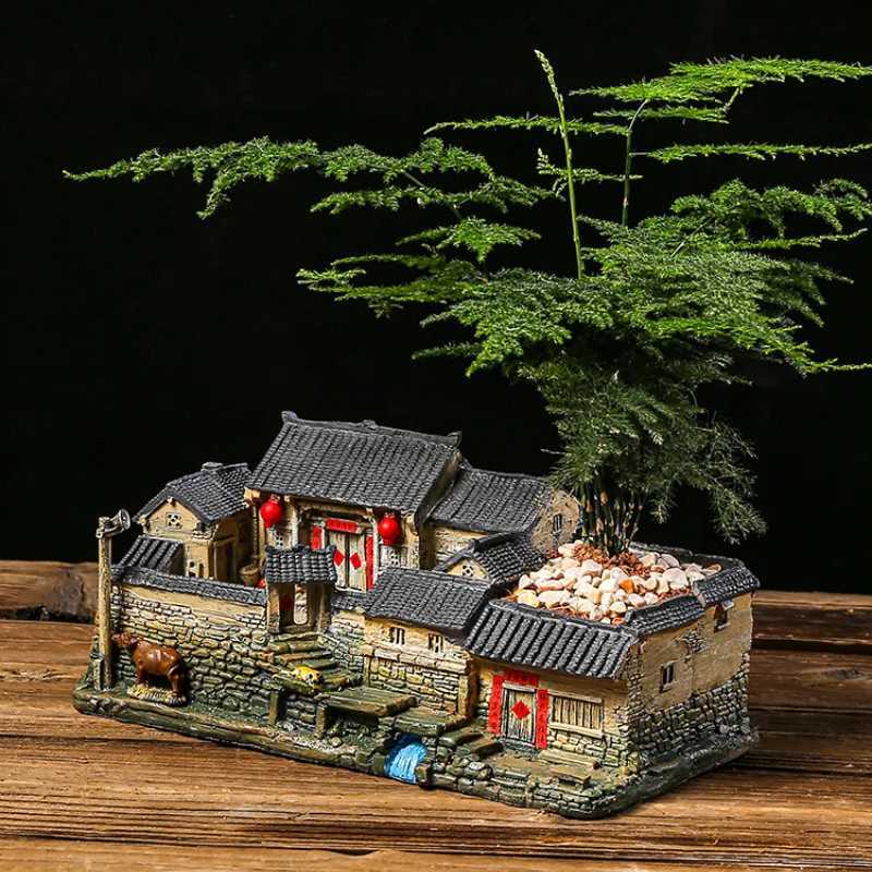 Pflanzer Töpfe Chinesische Stil Retro Miniatur Landschaft Old House Blumentopf kreative Nische Innendekoration Bambus Bonsai Q240429