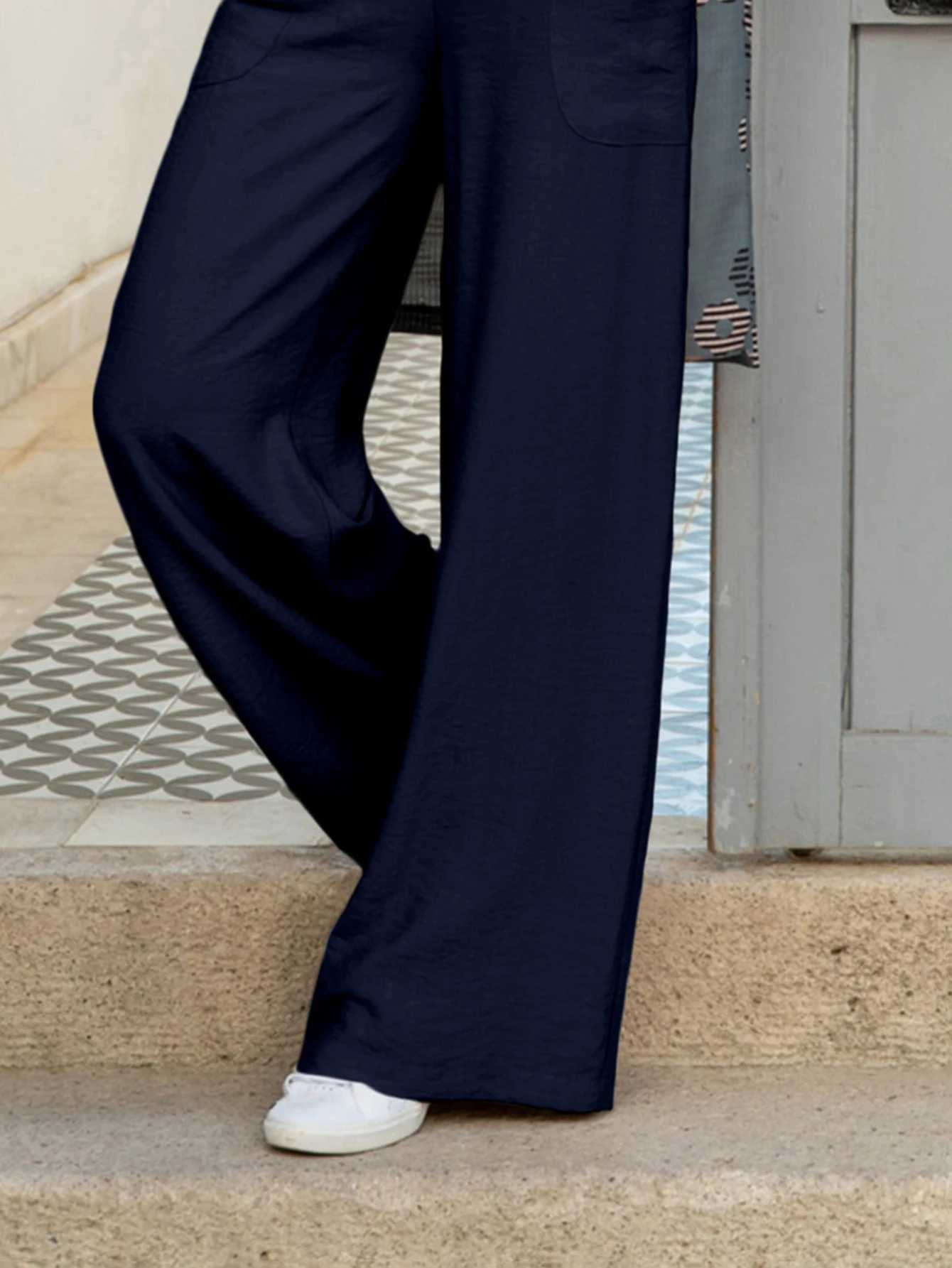 Pantalones de mujer capris talla grande para mujer cintura elástica pierna ancha pantalones largos de bolsillo casual sólido suelto pantalones completamente emparejados newl240429