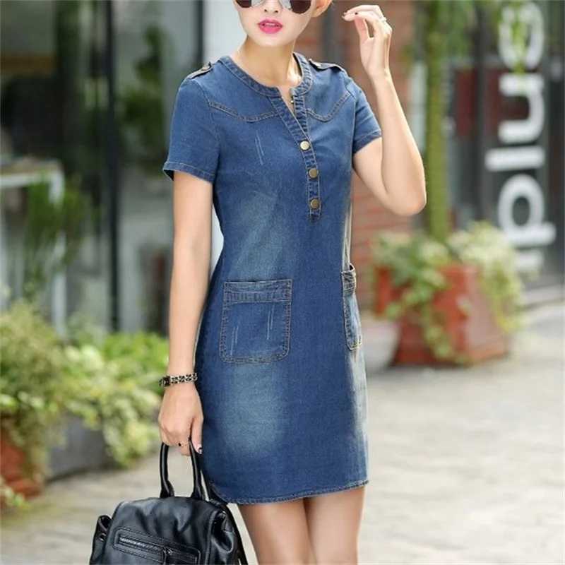 Abiti casual di base Donne Corea Doppia tasche decorazione Abito casual Summer Slve Slve Splicing V Neck Denim Abito da pendolare quotidiano Y240429