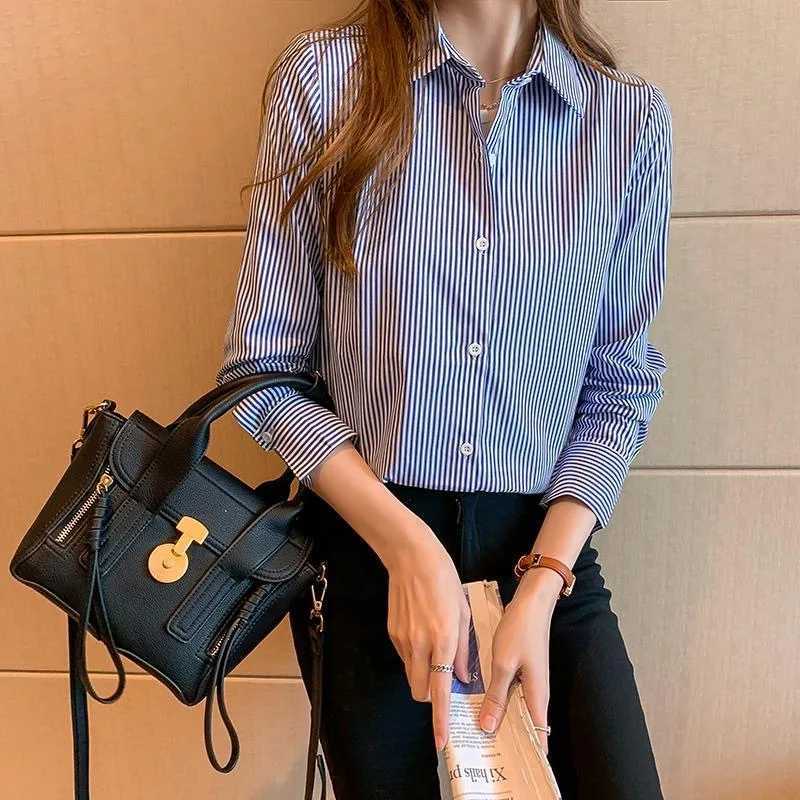 Women's Blouses Shirts Women Spring Summer Blouses Shirts Lady Fashion Casual Long Slve Turn-down Blue Stripes Blusas Tops WY0304 Y240426