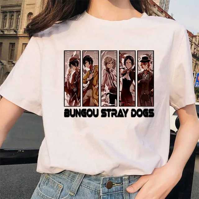 T-Shirts Bungou Streuner Hund Anime humorvoller Druck Harajuku Top Tier Womens T-Shirt Casual Womens Basic O-Neck Kurzarm T-Shirt Girl Straight Boatl2404