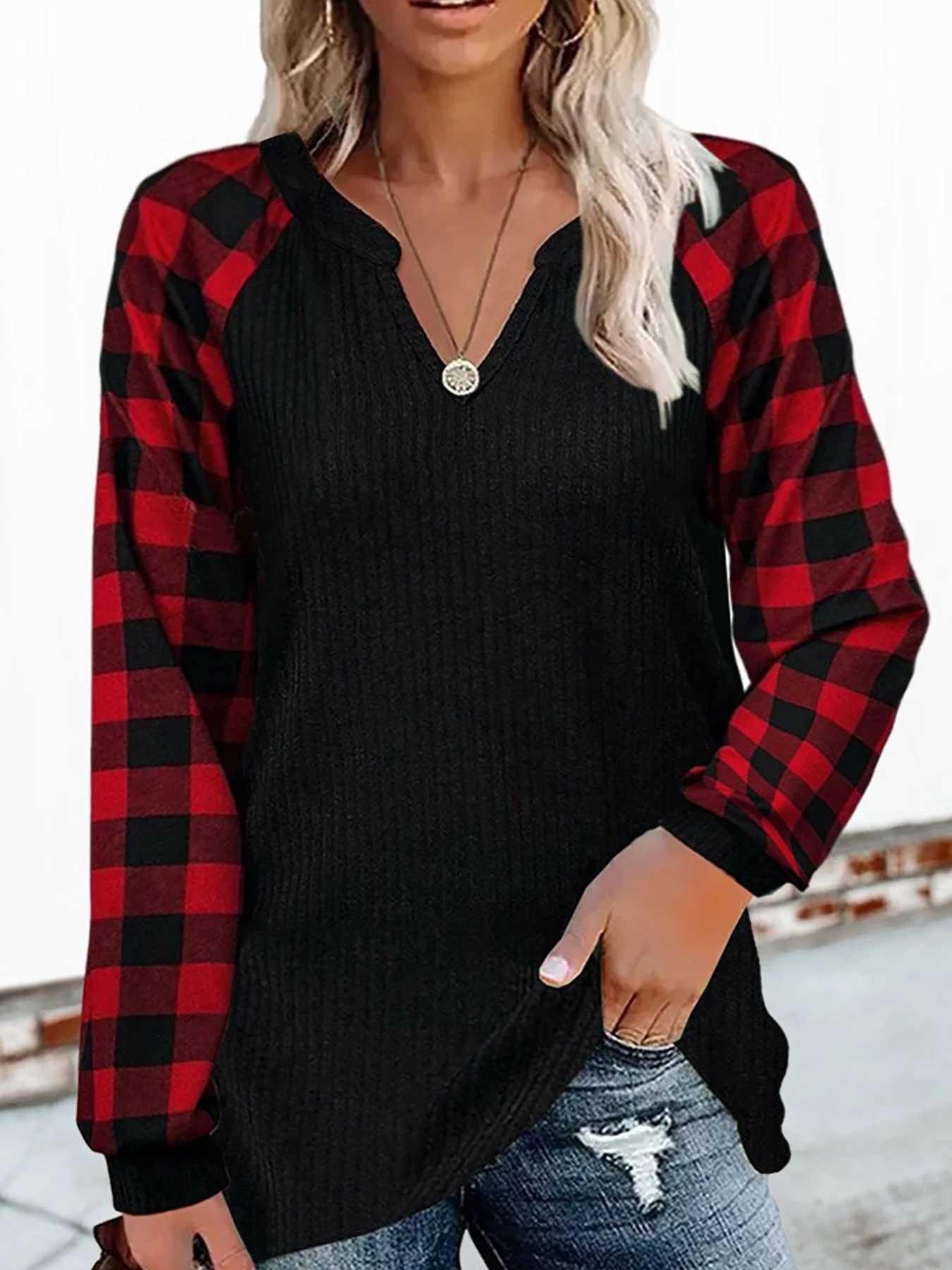 Women's Blouses Shirts Women Fashion Plaid Printed Full Long Slve T Shirts Casual V Neck Knitted Tops Ladies Basic Spirng T Shhirt Y240426