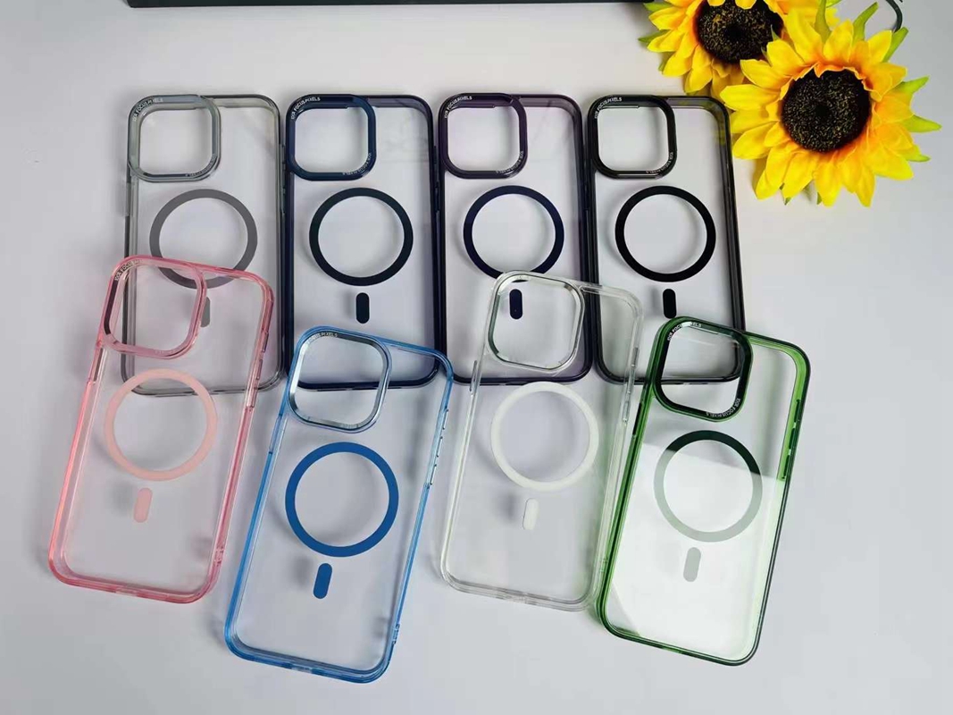 Magneet draadloze laadkoffers voor iPhone 15 Pro Max 14 Plus 13 12 11 Duidelijke transparant contrast Kleur Hard Plastic Acryl Acryl TPU Metaal Knop Hybride Hit Magnetische hoes