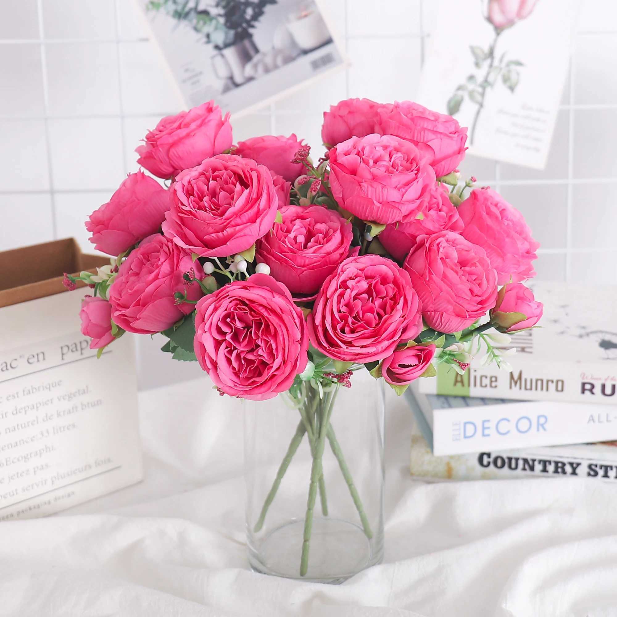 Gedroogde bloemen kunstmatige zijden bloemen roze pioenroos klein witte bruid boeket voor vaas huis feest trouwkamer nep planten decoratie goedkope rekwisieten