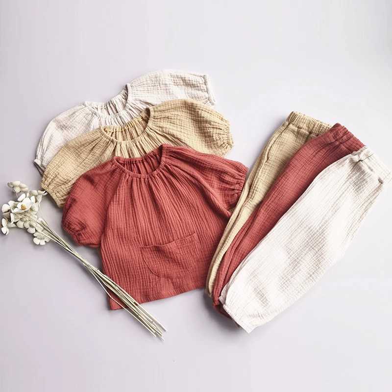 Pajamas New Kids Clothing Sets Autumn ldren Pajamas Suit Solid Boys Girls Long Sleeve Tops Trousers Linen Cotton Outfits H240509