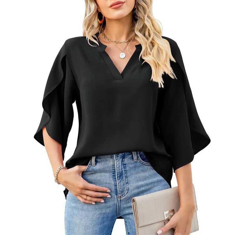 Women's Blouses shirts vrouwen zomerstijl chiffon blouses shirts dame casual korte flare slev v-neck losse blouse tops y240426