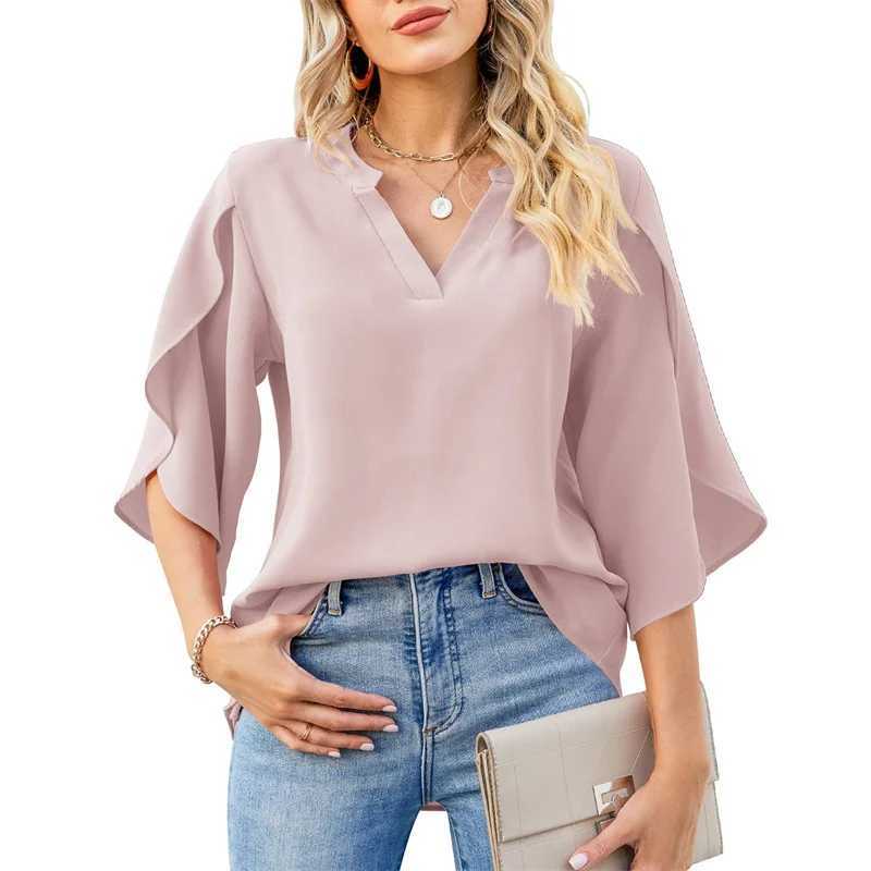 Women's Blouses shirts vrouwen zomerstijl chiffon blouses shirts dame casual korte flare slev v-neck losse blouse tops y240426